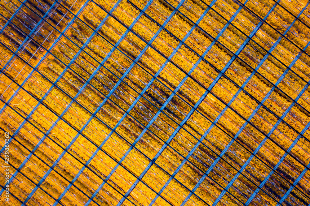 Illuminated greenhouse aerial view. Yellow lights in greenhouse view from above. Industrial agriculture.