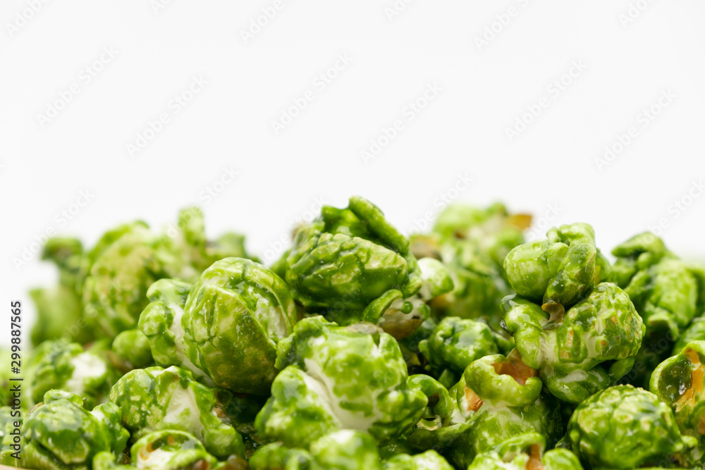 Lush of Japanese matcha green tea popcorn with white background for copy space text, Popular snack with favorite movie Lush of Japanese matcha green tea popcorn with white background for copy space text, Popular snack with favorite movie