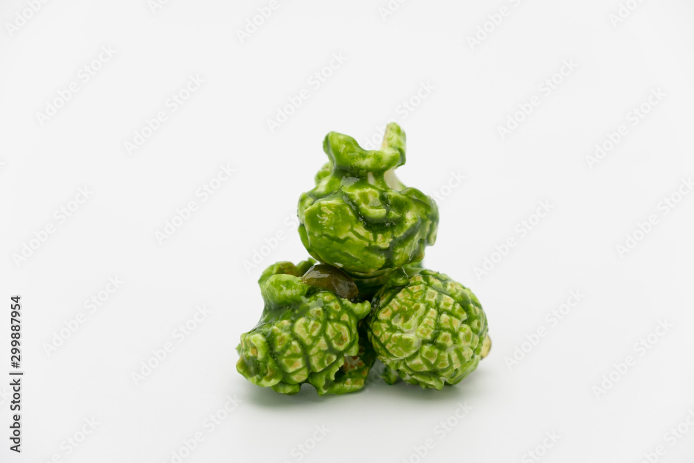 Lush of Japanese matcha green tea popcorn isolated on white background, Popular snack with favorite movie Lush of Japanese matcha green tea popcorn isolated on white background, Popular snack with favorite movie
