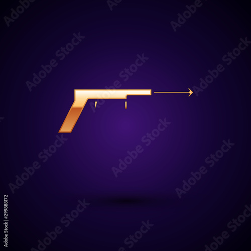 Gold Fishing harpoon icon isolated on dark blue background. Fishery manufacturers for catching fish under water. Diving underwater equipment. Vector Illustration