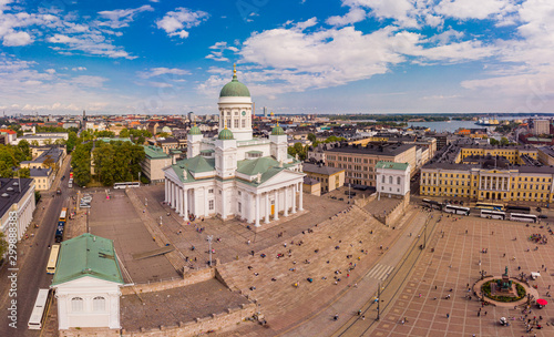 Helsinki Suurkirkko, Finland: beautiful top view from drone on historic city centre, Senate square and Evangelical Lutheran Church St. Nicholas, Cathedral Basilica. Sanny summer day.