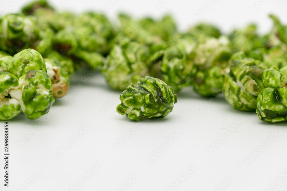 Lush of Japanese matcha green tea popcorn isolated on white background, Popular snack with favorite movie Lush of Japanese matcha green tea popcorn isolated on white background, Popular snack with favorite movie