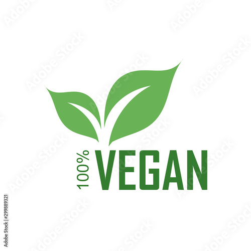 Hundred percent Vegan logo with green leaves for organic Vegetarian friendly diet photo