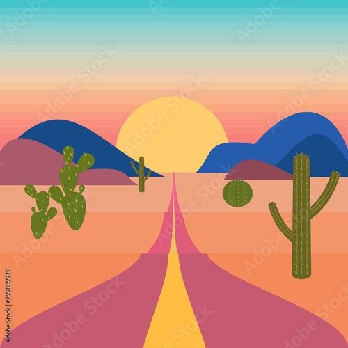 Road to desert with cactus sand mountain on sideway and sunset sky