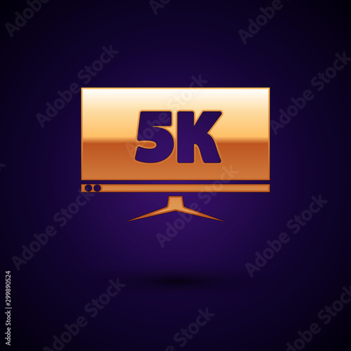 Gold Computer PC monitor display with 5k video technology icon isolated on dark blue background. Vector Illustration