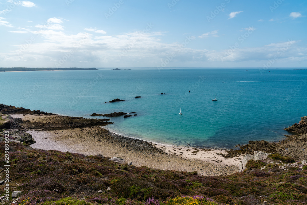 beach and bay with lilac heath meadow on the wild coast of Brittany beach and bay with lilac heath meadow on the wild coast of Brittany