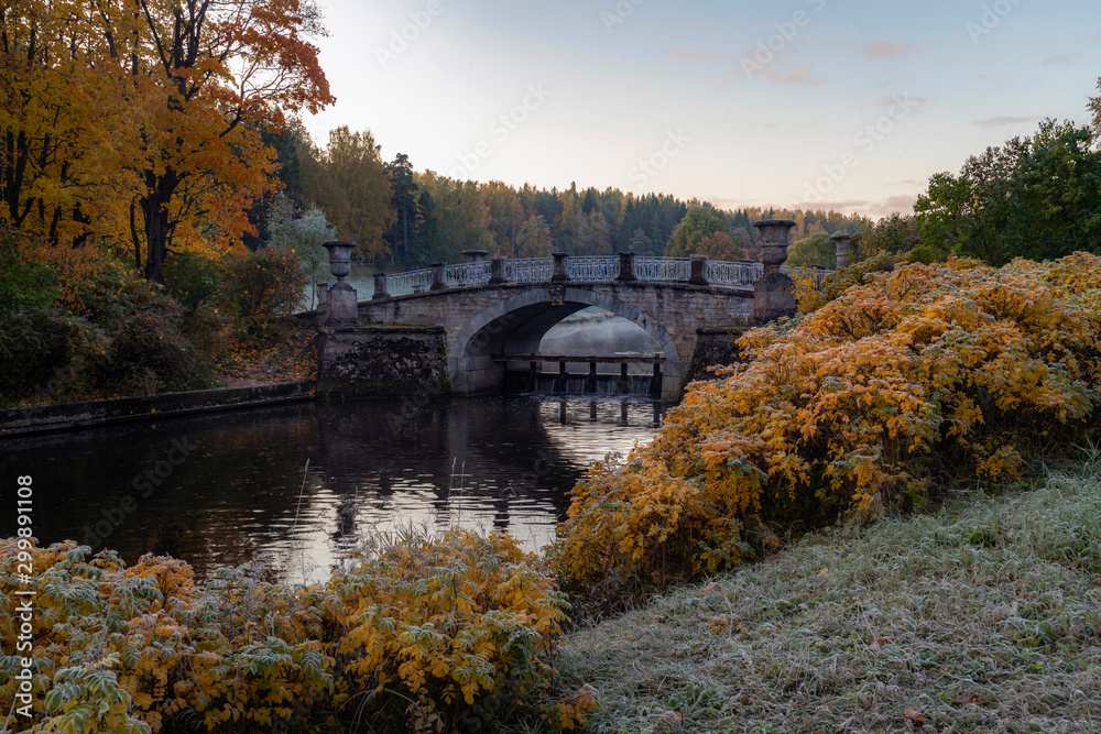 Slavyanka river in Pavlovsk Park frosty autumn morning. Pavlovsk, Saint Petersburg, Russia Slavyanka river in Pavlovsk Park frosty autumn morning. Pavlovsk, Saint Petersburg, Russia