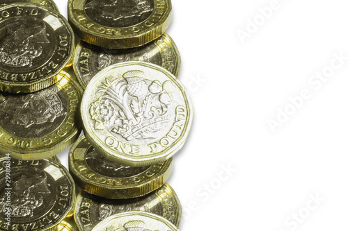British currency the new one pounds coins isolate on white background.