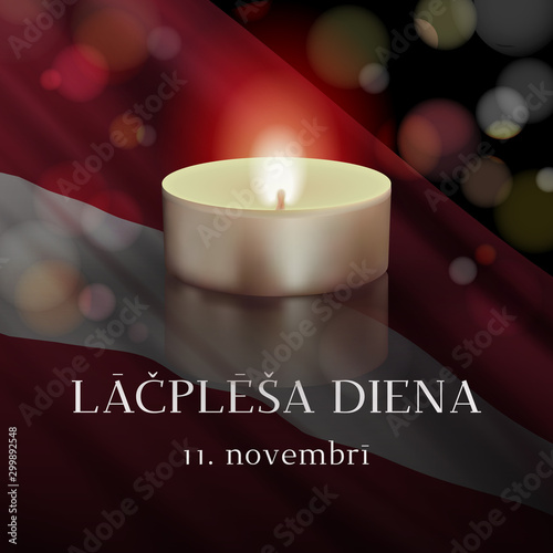 Lāčplēsis Day vector banner design template with flag of Latvia, candle, and text on dark background. Translation: Lāčplēsis Day. November 11.