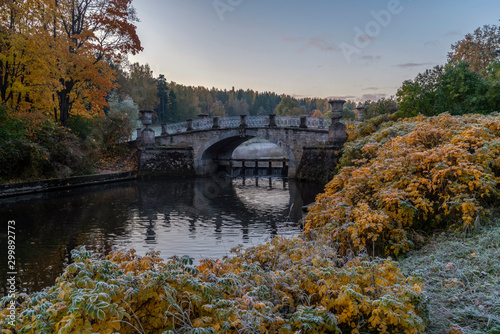 Slavyanka river in Pavlovsk Park frosty autumn morning. Pavlovsk, Saint Petersburg, Russia