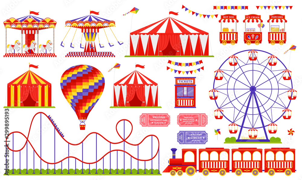 Amusement park, circus, carnival fair theme. Vector. Set with Ferris wheel, tent, carousel, roller coaster, air balloon, train. Icons isolated on white background. Daytime attraction. Illustration Amusement park, circus, carnival fair theme. Vector. Set with Ferris wheel, tent, carousel, roller coaster, air balloon, train. Icons isolated on white background. Daytime attraction. Illustration