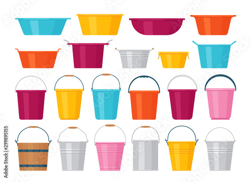 Basin, bucket icons. Plastic, metal, wooden washbowl and pails isolated. Vector. Set water containers for laundry on white background. Flat design. Colorful cartoon illustration.