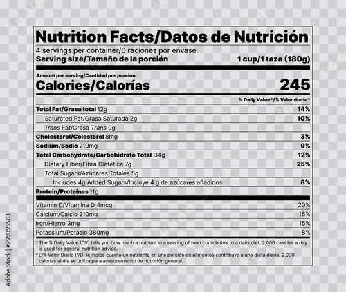 Nutrition facts label. Vector. Food information with daily value. Data table ingredients calorie, fat sugar cholesterol. Bilingual label. Illustration isolated. Packaging layout template. Flat design