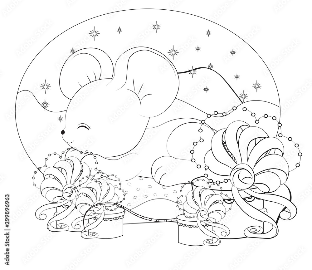 Fototapeta premium Christmas sleepping mouse in pillow Coloring book
