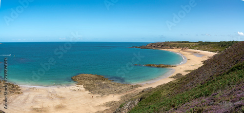 idyllic wild secluded beach with turquoise water and lilac heath meadows
