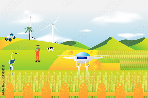 Modern agriculture technology. Smart farming concept. Human with wireless remote control. Vector illustration in isometric design.