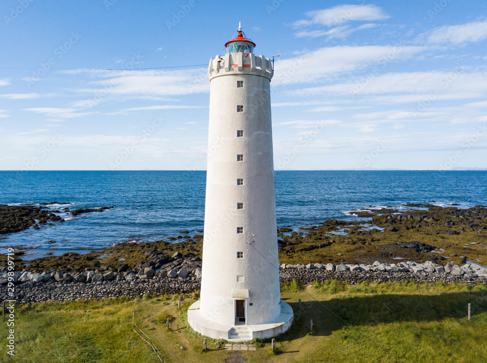 Aerial view of Grotta Island Lighthouse in Reykjavik, Iceland