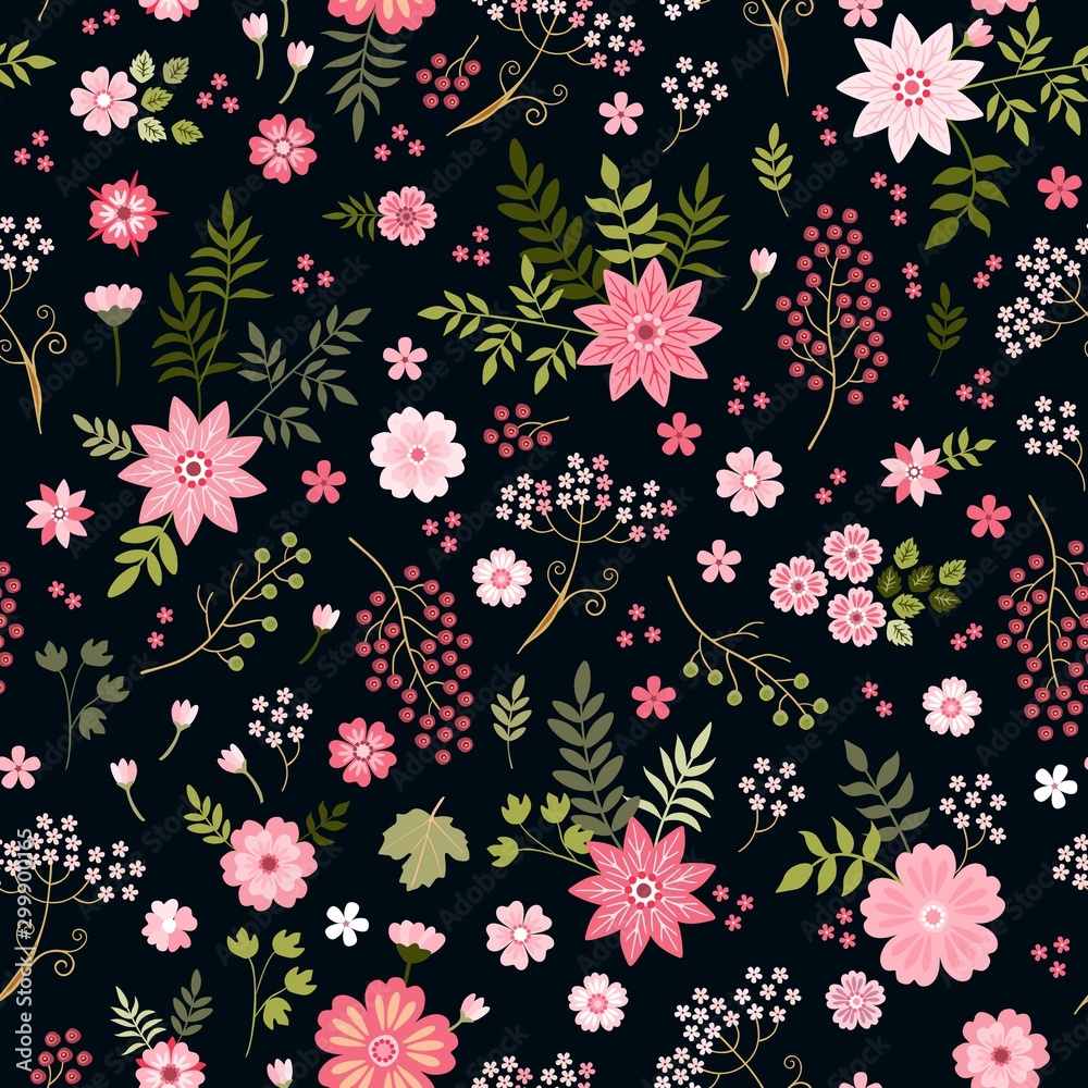 Seamless ditsy floral pattern with cute pink flowers and green leaves on black background. Fashion design.