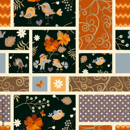 Patchwork seamless pattern with cute birds and flowers. Print for fabric in vintage style.