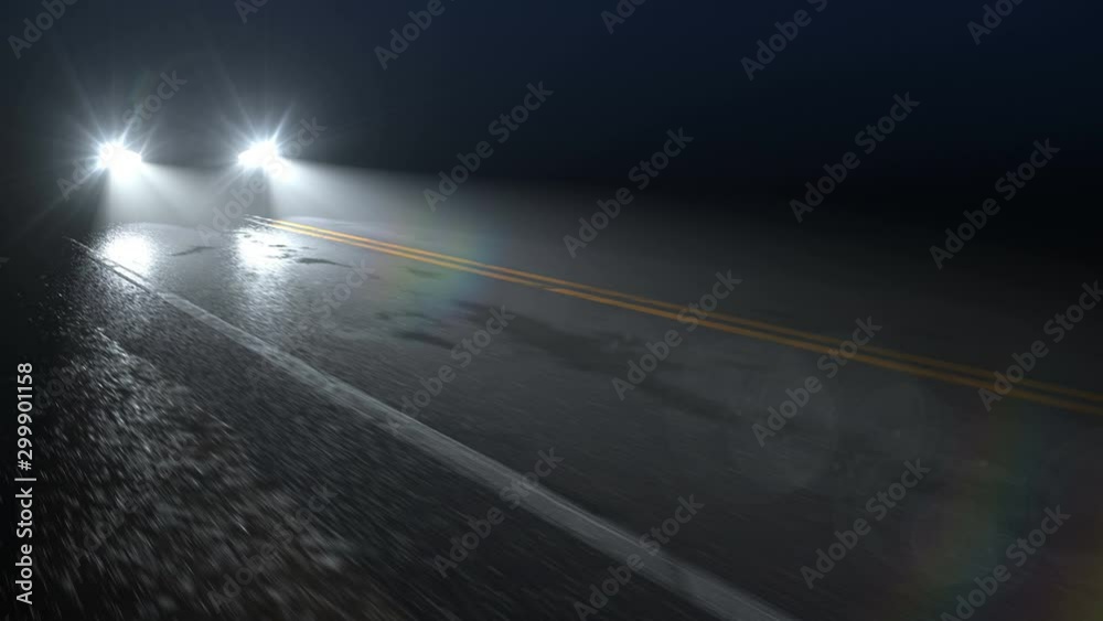 Car or truck drives down night wet road with headlights turned on, seamless loop. Automotive vehicle driving along country roa at slow speed with modern LED headlights on.