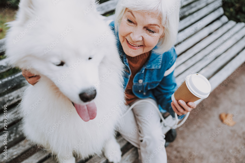 Happy elderly Caucasian woman hugging nice dog in park
