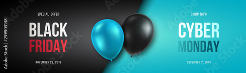 Black Friday and Cyber Monday banner long narrow header for website. 3d black and blue realistic balloons and sale text. Stock vector illustration.