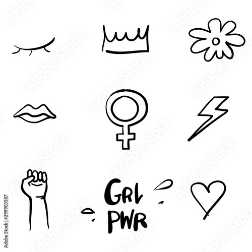 Set of feminism elements and text Female hand drawn brush graphic Girl power concept with doodle hand drawn style vector