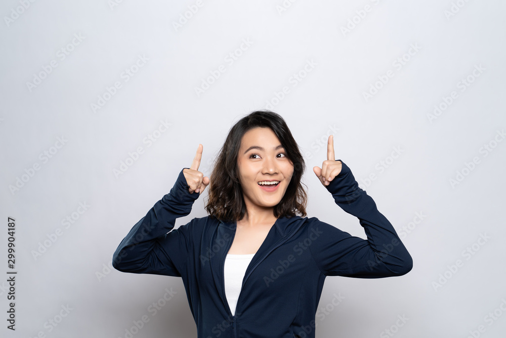 Portrait of a healthy woman present the copy space isolated over white background Portrait of a healthy woman present the copy space isolated over white background