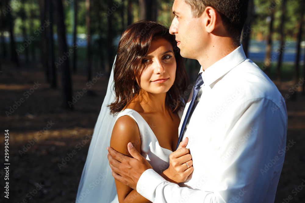 Obraz premium A happy newlywed couple of the bride and groom are walking on nature in a green forest. The bride and groom hug and kiss.Together. Young family. Marriage. Wedding concept.