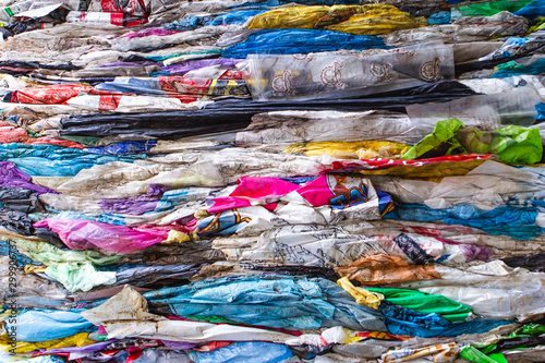 01.11.2019 Vinnitsa, Ukraine: recyclable waste at a recycling plant, close up plastic bottles and cellophane bags in front of recycle factory centre