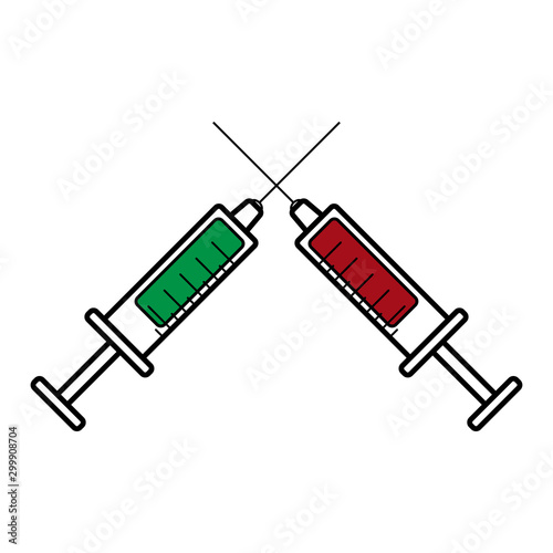 Syringe for injection with red vaccine, syringe with green vaccine. Flat design. Vector illustration