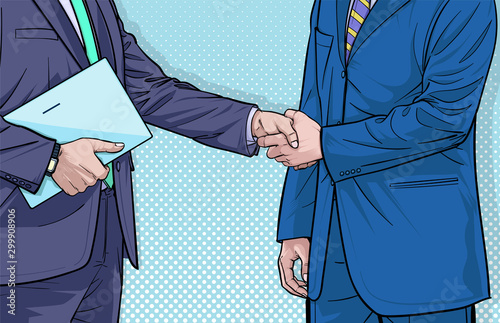 Businessmen 2 Business people shake hands Illustration vector On pop art comics style Abstract dots background