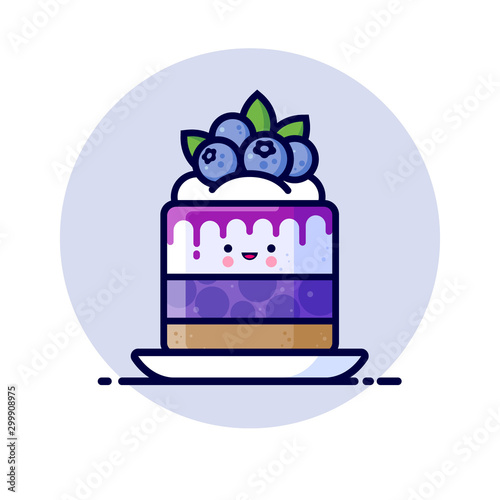 Cheesecake with whipped cream, jelly,  syrup, and whole blueberries. Yummy dessert Icon. Cute kawaii illustration. Japanese style.