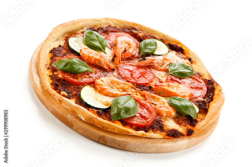 Pizza with shrimps on white background