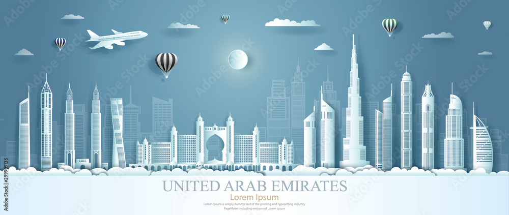 Plakat Travel to United Arab Emirates landmarks of asian with architecture.