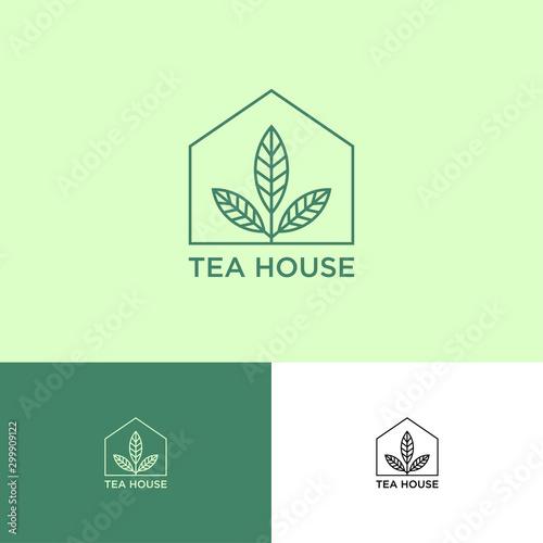 Tea House logo. Tea shop emblem. Green Leaves into small house on a different backgrounds.