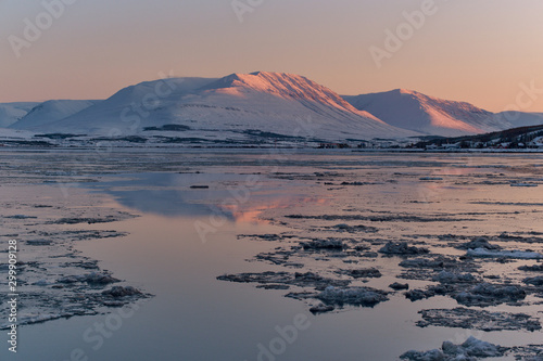view of mountains and freeze lake in Iceland