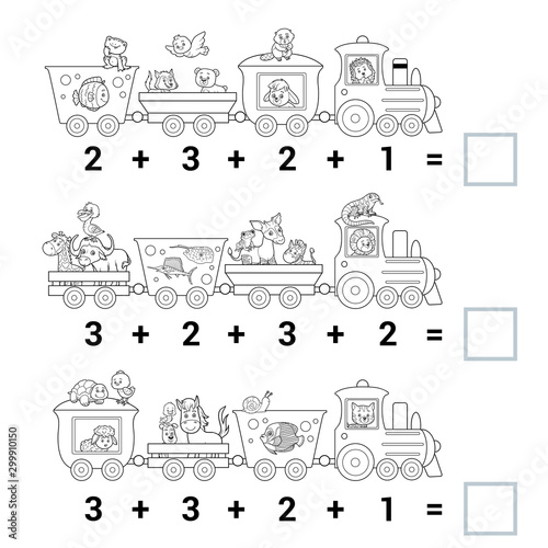 Counting Game for Preschool Children. Count the animals on the train and write the result. Tasks for addition