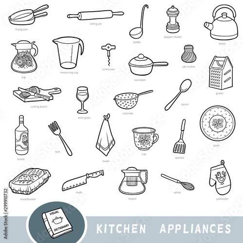 Black and white set of kitchenware, collection of vector items with names in English. Cartoon visual dictionary