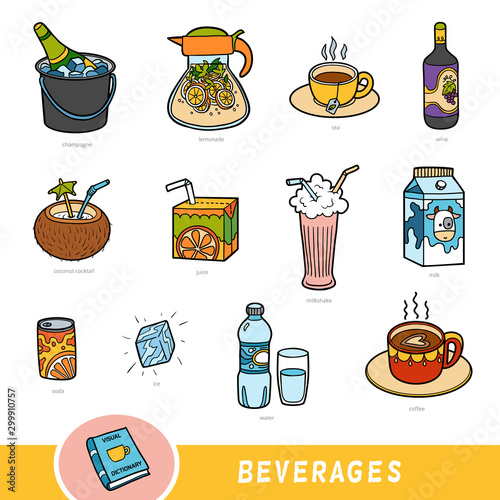 Color set of beverages, collection of vector items with names in English. Cartoon visual dictionary