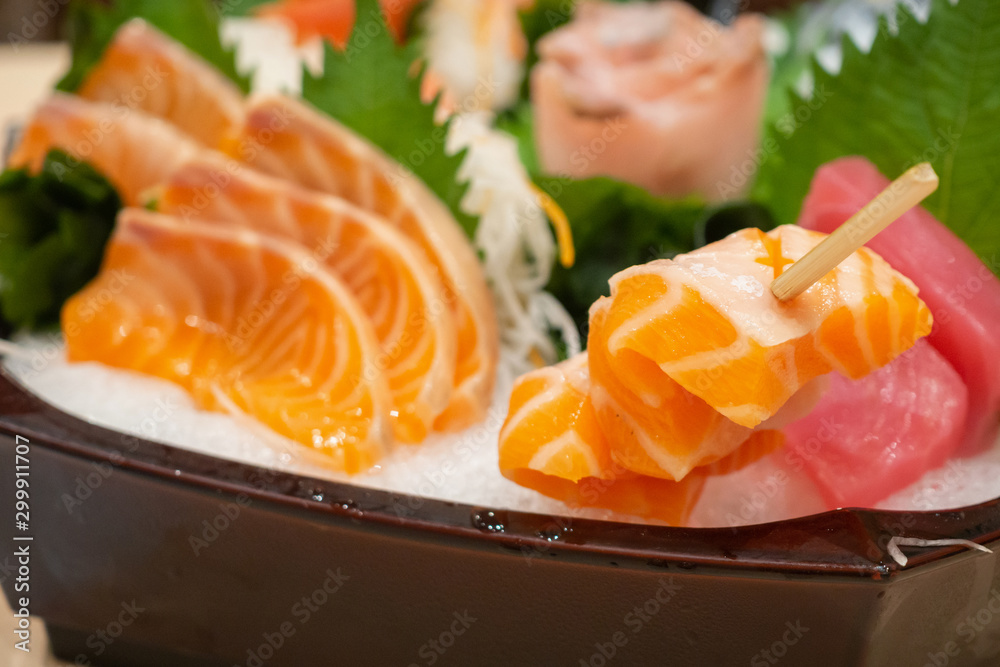 Raw salmon sashimi slice on ice Japanese food Raw salmon sashimi slice on ice Japanese food