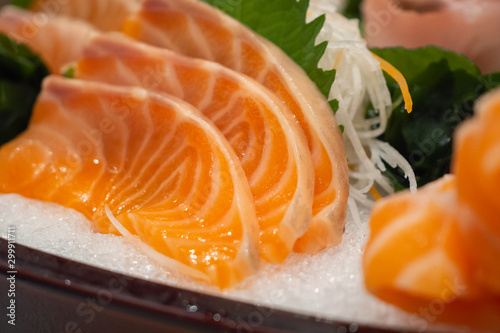 Raw salmon sashimi slice on ice Japanese food