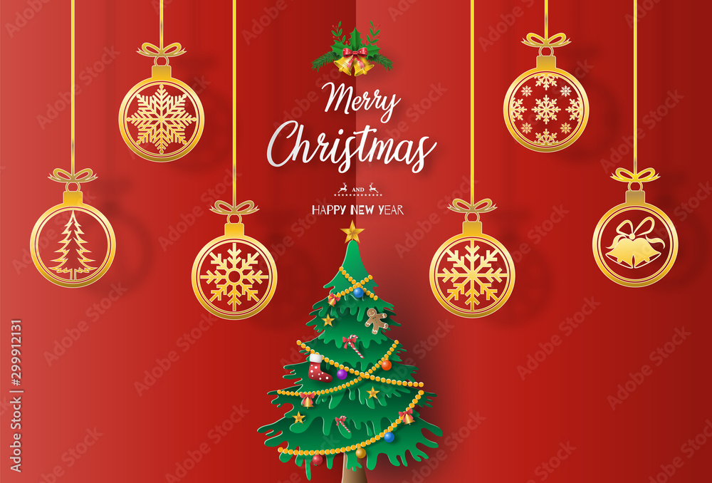 Paper art style of landscape with a Christmas tree and golden baubles, Merry Christmas and Happy New Year concept. Paper art style of landscape with a Christmas tree and golden baubles, Merry Christmas and Happy New Year concept.