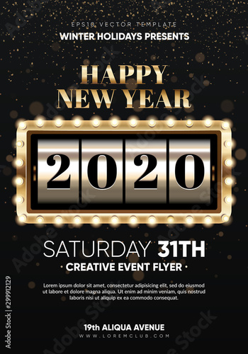 Xmas and New 2020 Year party club flyer. Slot machine with 2020 numbers. Eps10 vector template.