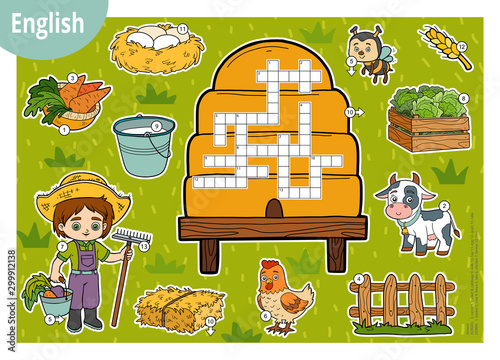 Vector crossword in English, education game for children. Cartoon farm set