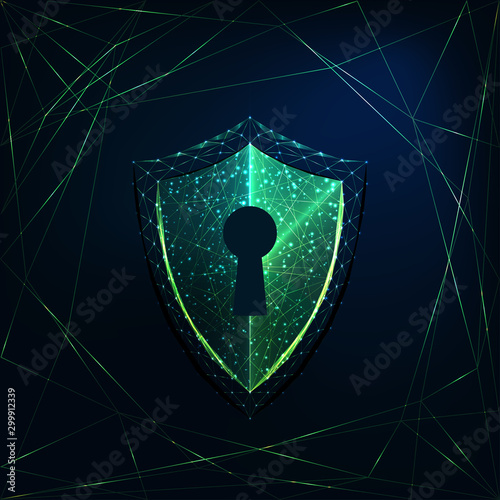 Futuristic glowing low polygonal shield with keyhole isolated on dark blue background.