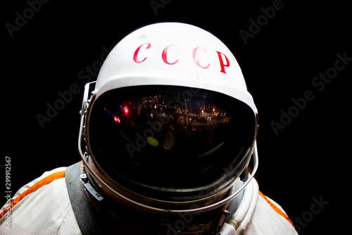 oviet astronaut in shadow, isolated. Cosmonaut's space suit, USSR,Gagarin