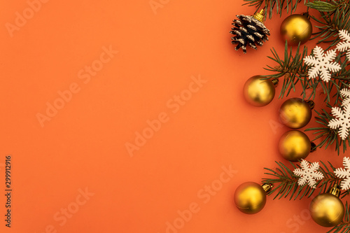  Decoration for Christmas and New Year Greeting Card. Six Yellow Decorative Balls, Pine Cone, Pine Branches and Snowflakes. Copy Space on The Left Side