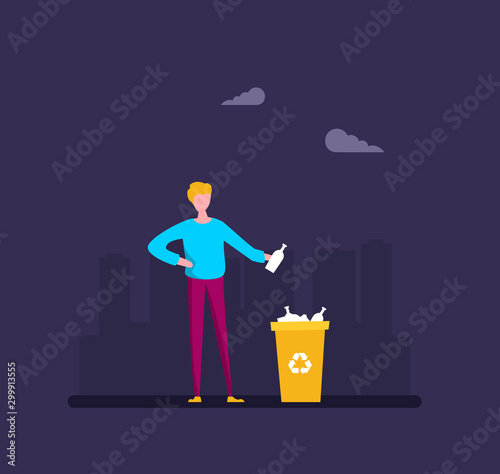 Waste sorting. Collect plastic bottles into garbage bag vector