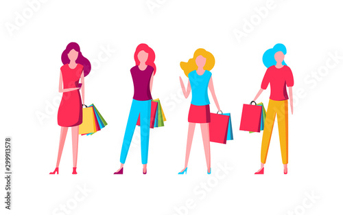 Flat fashion shopping girls illustration set